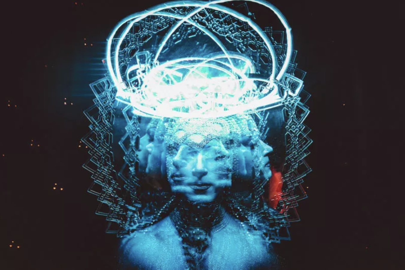 Multiple blue-toned faces in profile and forward-facing, with glowing light and geometric patterns emanating from the head.